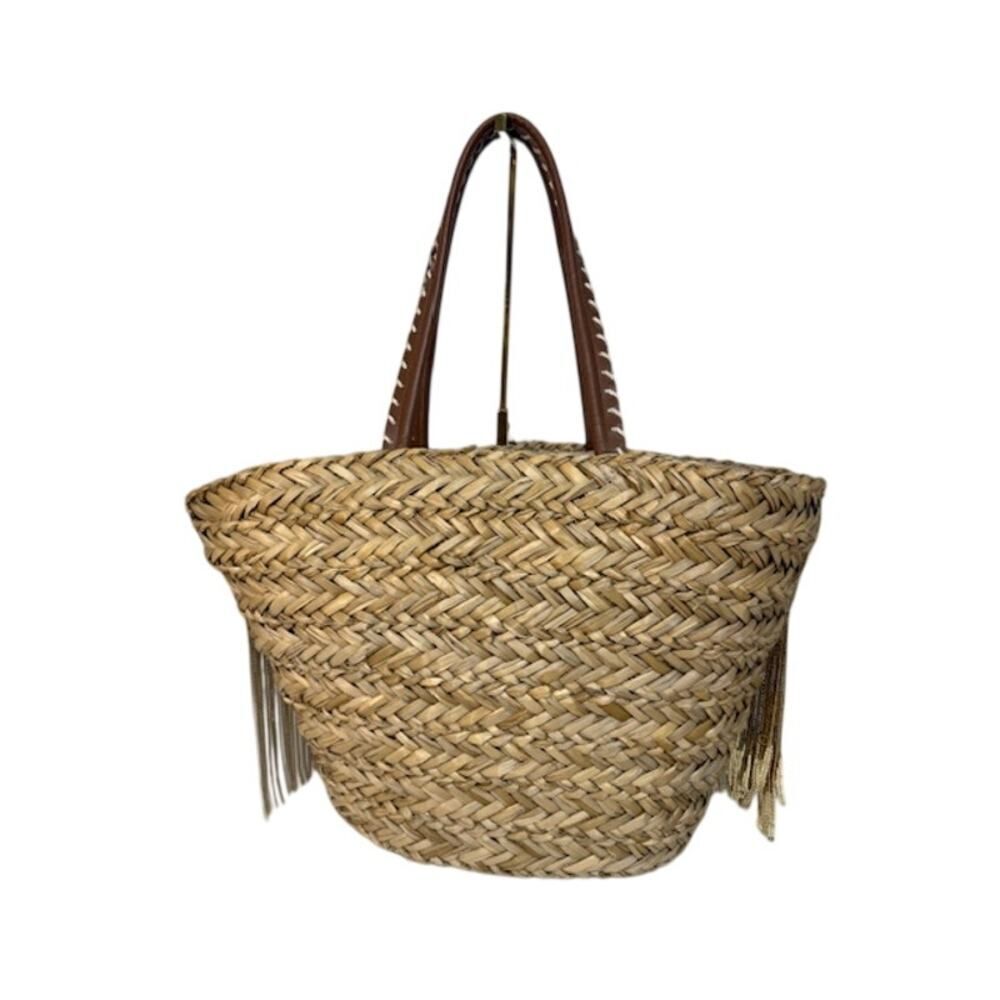 Molly Bracken Woven Rattan w/ Gold Sequin Fringe Bag Beach Large 20" - Picture 2 of 6
